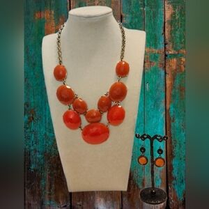Orange Acrylic Cabochons Statement Necklace and Earring Set